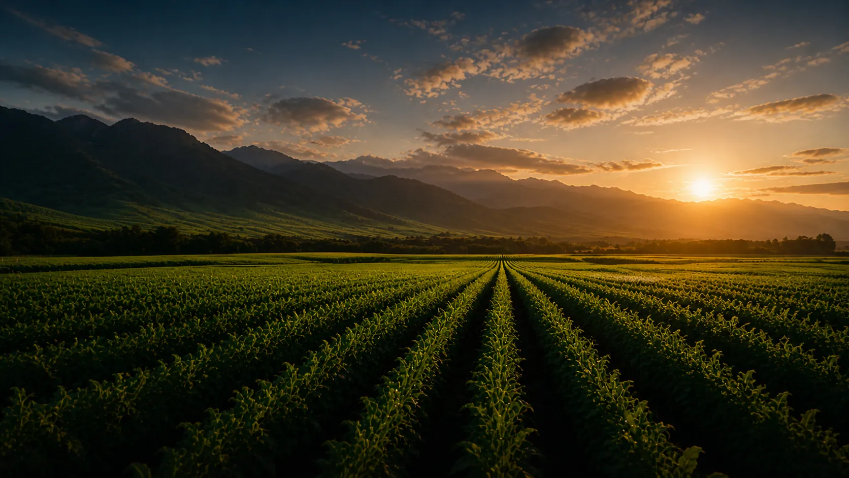 Sunrise over farm fields